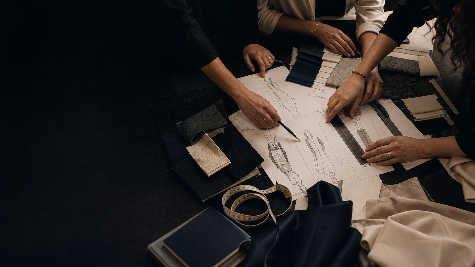 Reference Hub team reviewing sketches and fabric