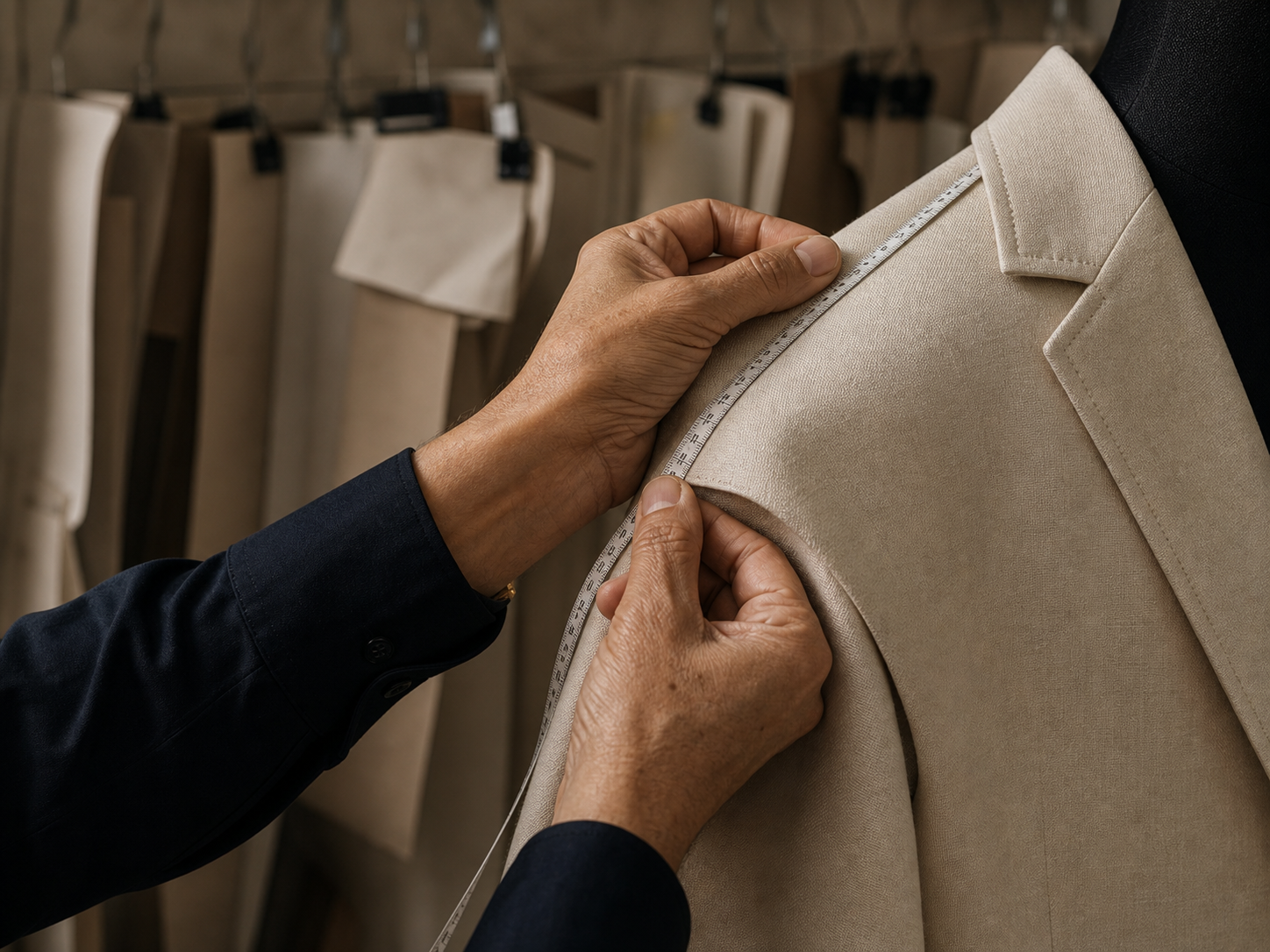 Specialist measuring a tailored product